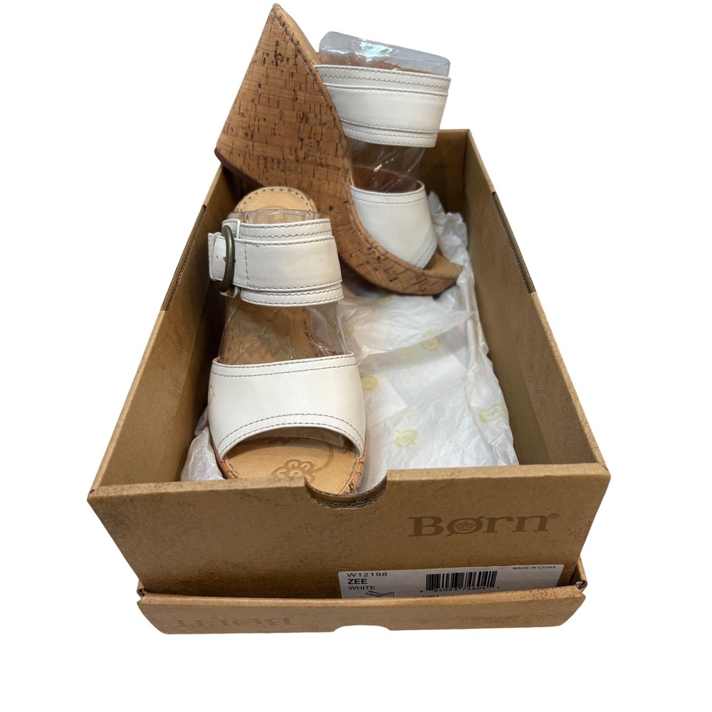 Born Zee White Leather Cork Platform Wedge Sandals Womens US Size 8 EU 39